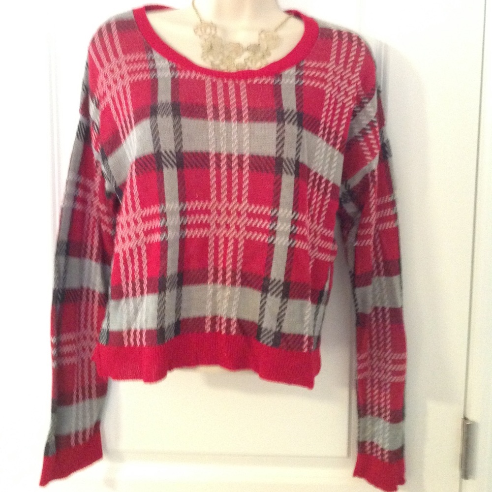 Red, black, grey and white plaid sweater